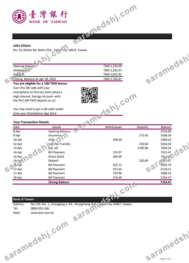 Taiwan Bank of Taiwan bank statement xls